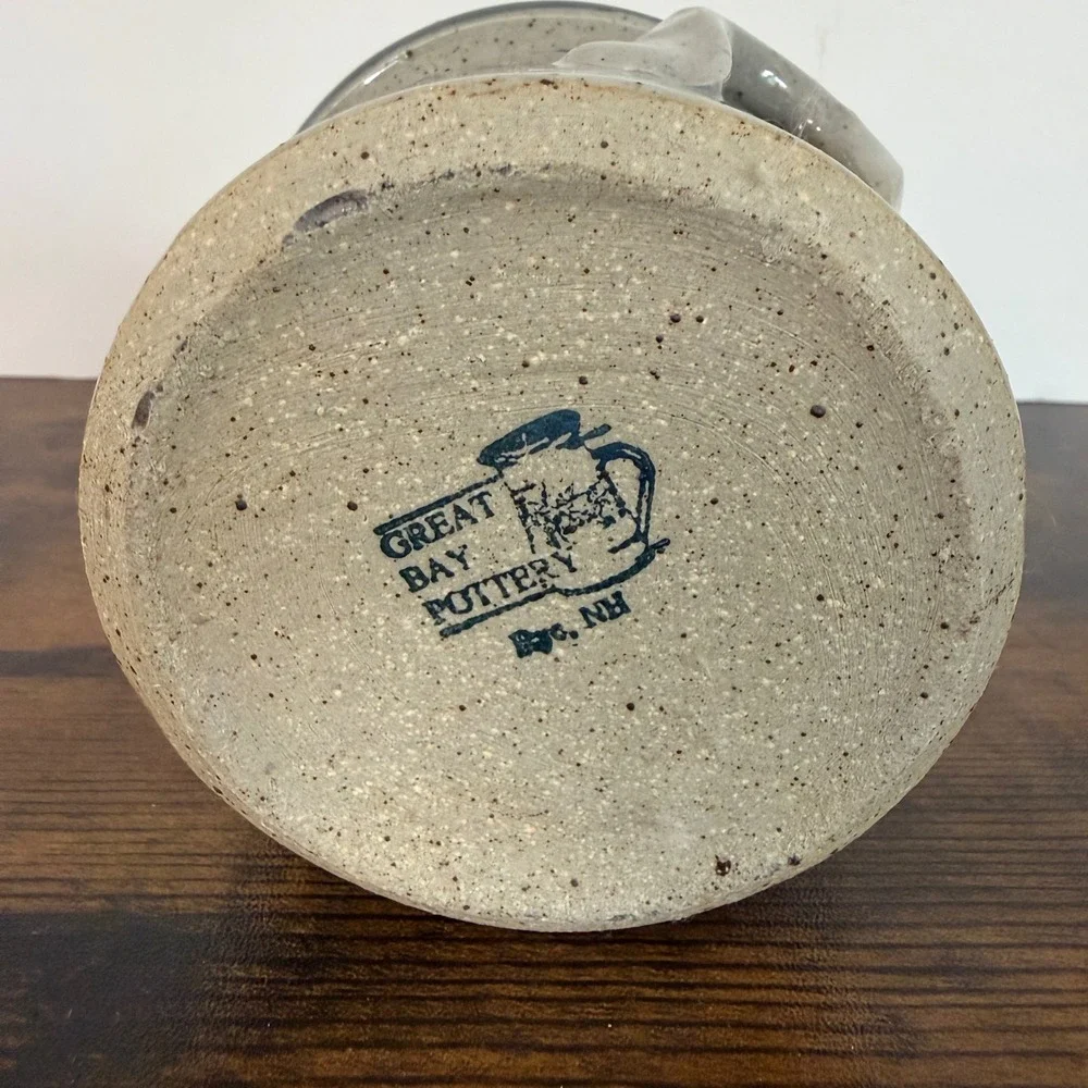 Great Bay Pottery Rye NH Stoneware Crock Blue Floral Teal Cottage Utensil Holder